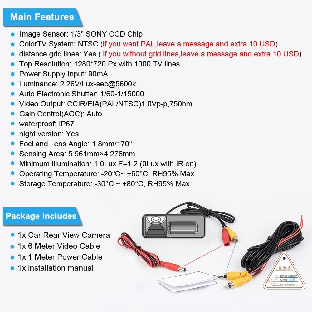 Waterproof Night Vision HD CCD 170°Viewing Field Car Rear View Backup Parking Camera Skoda New Beetle VW