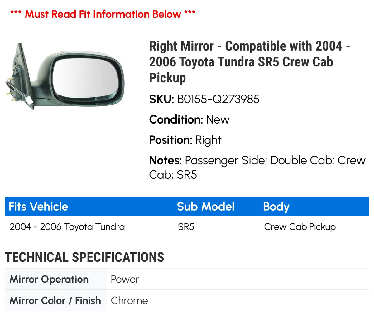 Right Mirror - with 2004 - 2006 Toyota Tundra SR5 Crew Cab Pickup 2005