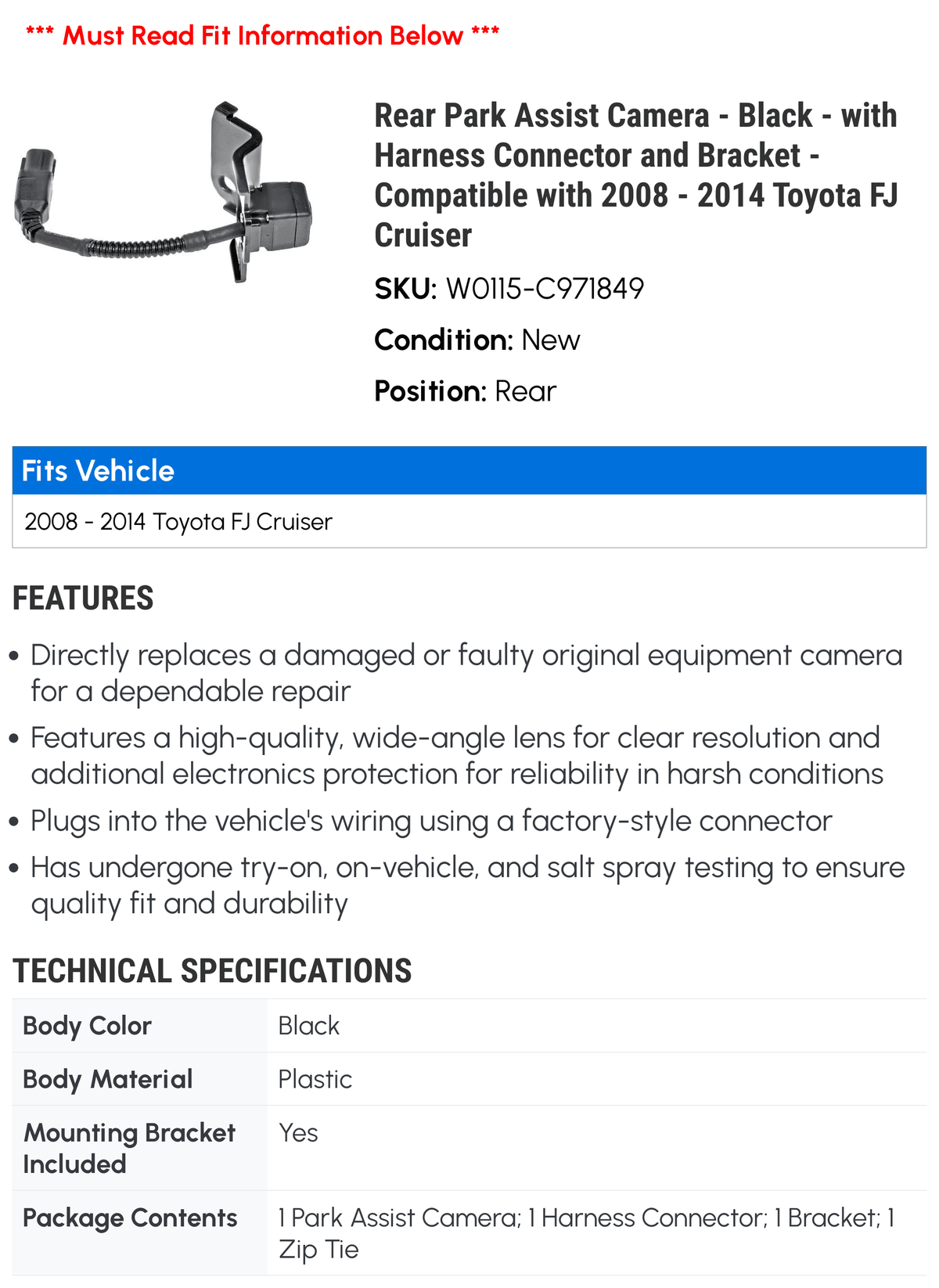 Rear Park Assist Camera - Black - with Harness Connector and Bracket - with 2008 - 2014 Toyota FJ Cruiser 2009 2010 2011 2012 2013