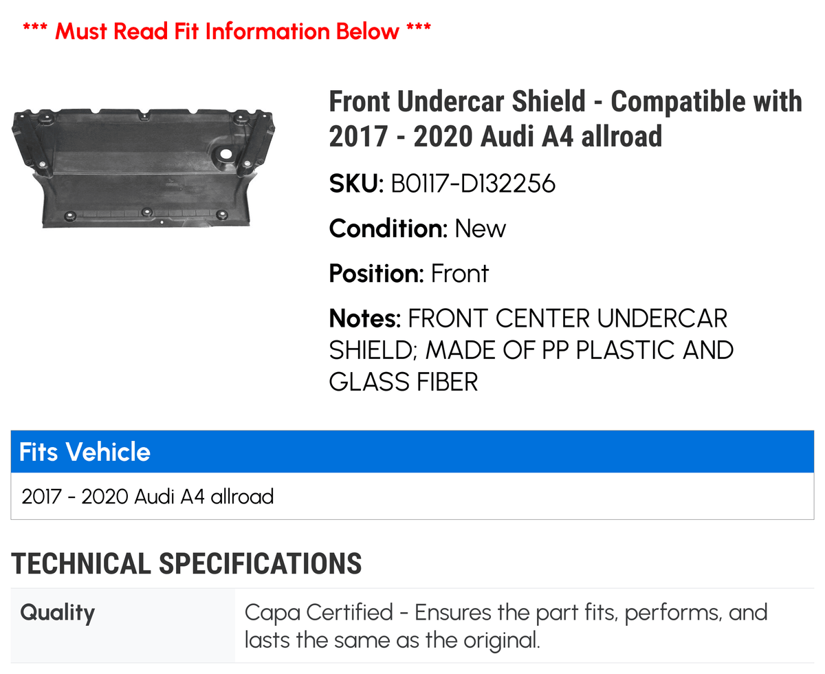 Front Undercar Shield - with 2017 - 2020 Audi A4 allroad 2018 2019