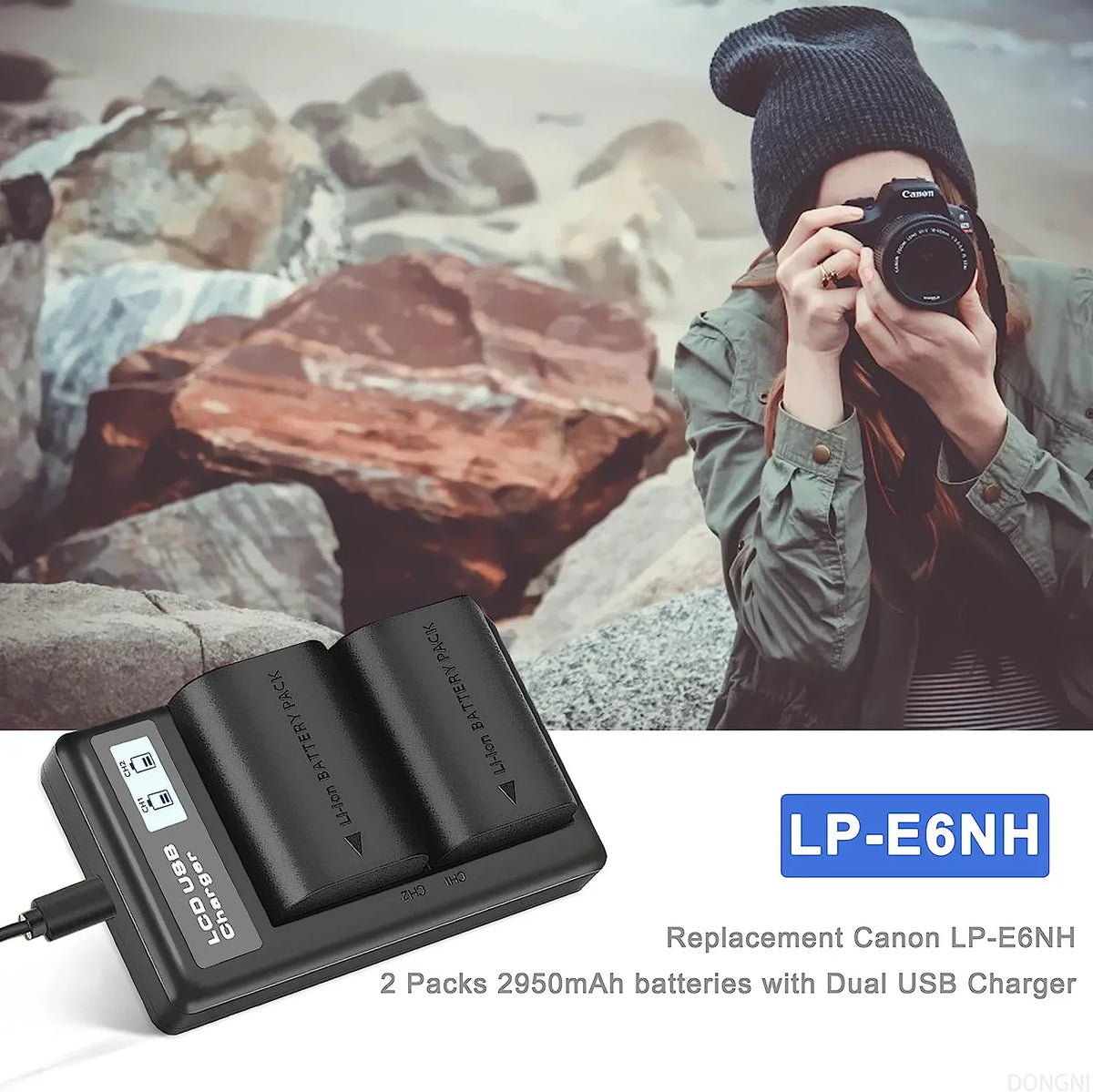 2-Pack LP-E6NH 2950mAh Batteries and Dual Charger Canon EOS R R5 R6 5DS 6D 7D 60D 70D 80D 90D 5D Mark II/III/IV Camera