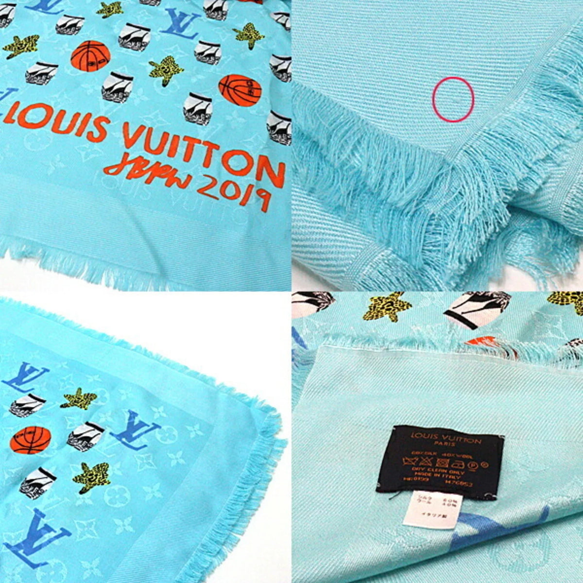 Pre-Owned Louis Vuitton Jonas Wood JONAS WOOD monogram stole M76053 blue shawl basketball/flower/pot silk 60% wool 40% (Like New)