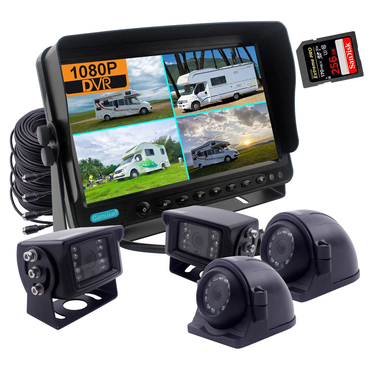CAMSLEAD 7 Inch Monitor 1080P HD Rear View Camera System HD DVR Recorder Support 256GB SD Card 4CH Input Quad Split Screen 1080P Rear & Side Camera Truck Trailer- mobile homes