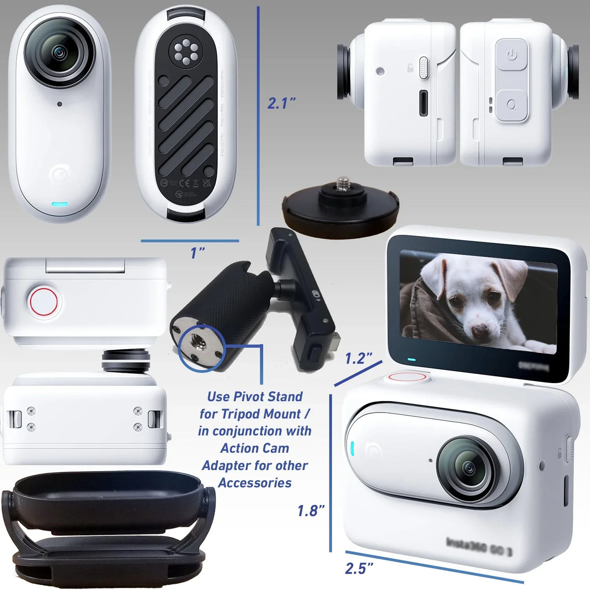 Ultimaxx Advanced Insta360 GO 3 Action Camera Bundle (128GB) - Includes: 1/4” Screw Adapter Action Cam Mounts, Mini Metal Dolly & More (25pc Bundle)