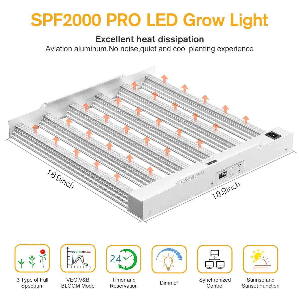 SPF2000 PRO LED Grow Light 200W with Full Spectrum Veg & Bloom Dimmer Timer - 3x3ft Coating Sunlike Grow Lamps Indoor Plants - Seeding, Flowering, and Plant Growth LED Plant Light Fixture