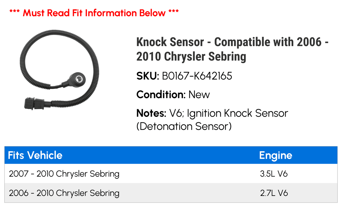 Knock Sensor - with 2006 - 2010 Chrysler Sebring 2007 2008 2009