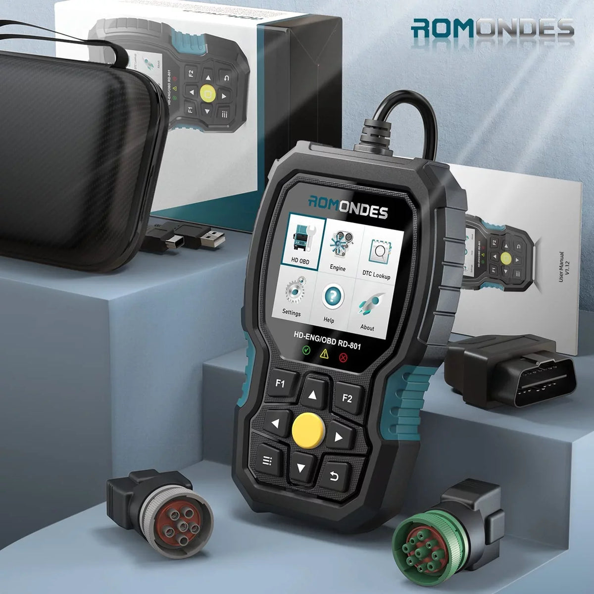 Romondes RD801 Heavy Duty Truck Scanner Diesel OBD Scan Tool EOBD HD OBD OBD2 Scanner Truck & Car 2 in 1 Code Reader Auto Diagnostic Tool Check Engine Cummins, Scania, Man, Hino, Fuso, UD , DAF