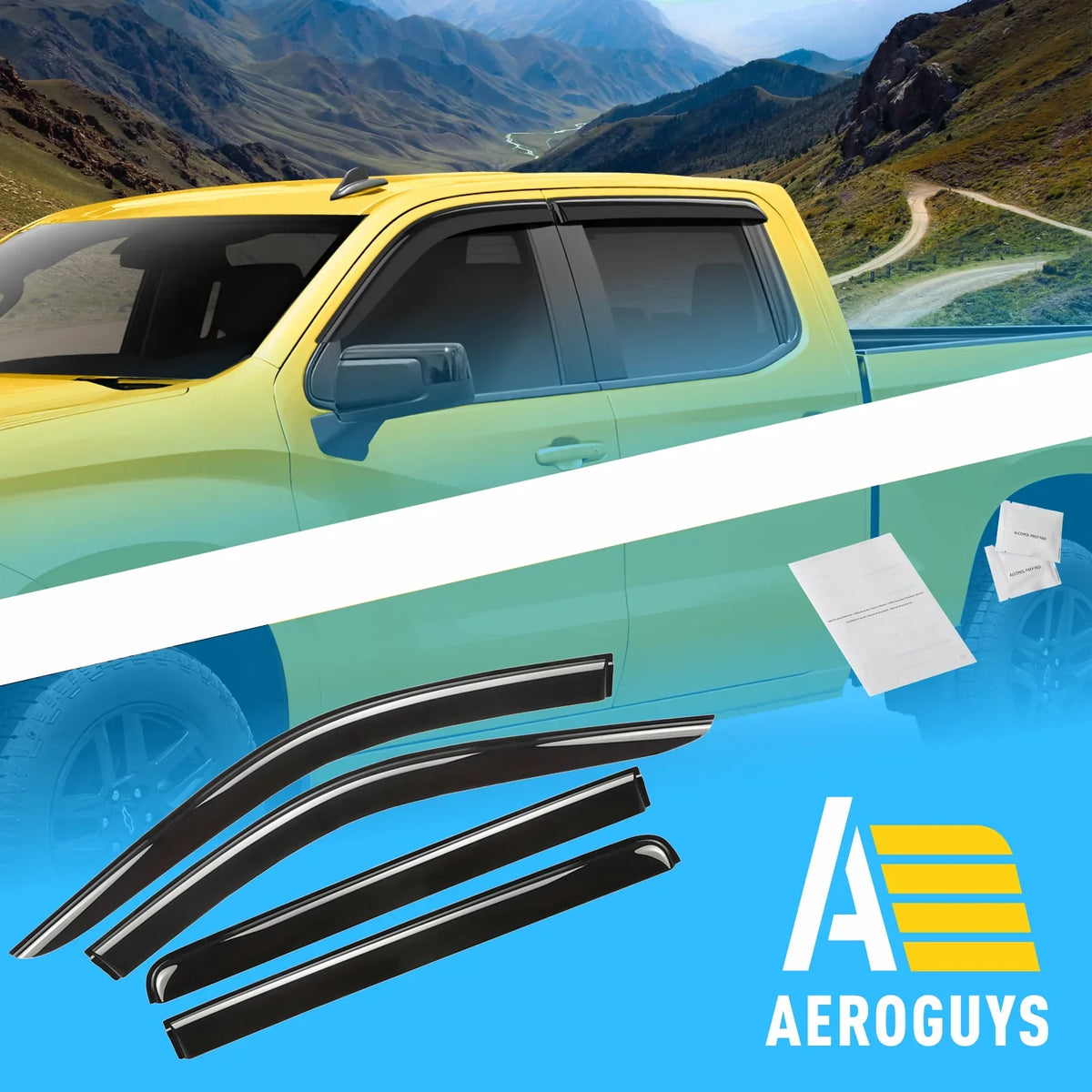 AEROGUYS Tape-On Window Deflectors Extra Durable Window Visors Rain Guards Fit Chevrolet (Chevy) Silverado 1500 2019-2024 Crew Cab, Sun Visors, Wind Vent Visors, Truck Accessories - 4pcs. AG0422