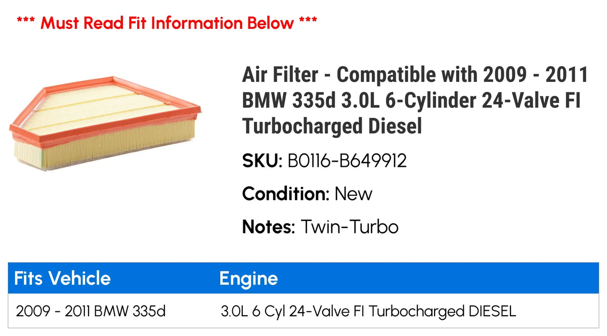 Air Filter - with 2009 - 2011 BMW 335d 3.0L 6-Cylinder 24-Valve FI Turbocharged Diesel 2010