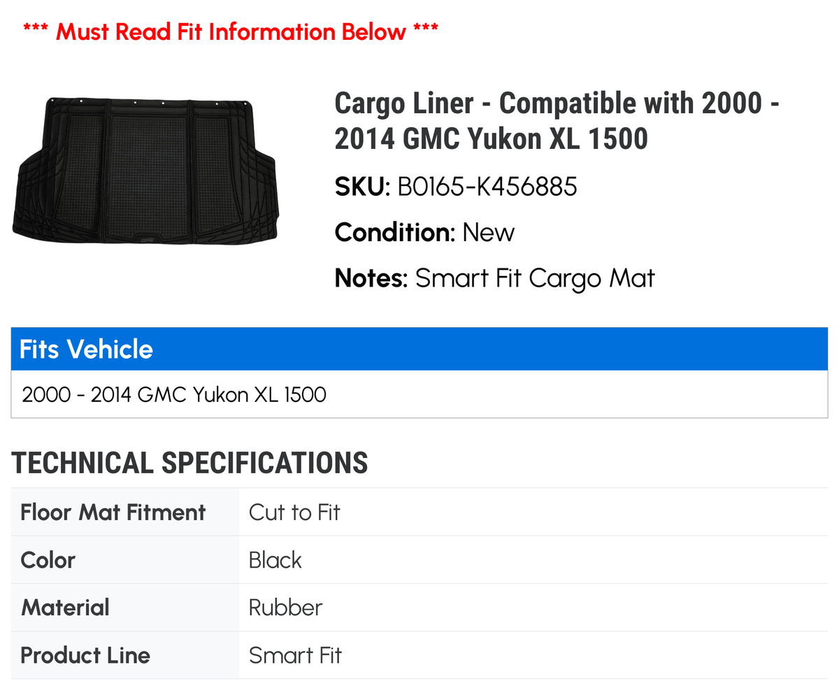 Cargo Liner - with 2000 - 2014 GMC Yukon XL 1500 2001 2002 2003 2004 2005 2006 2007 2008 2009 2010 2011 2012 2013