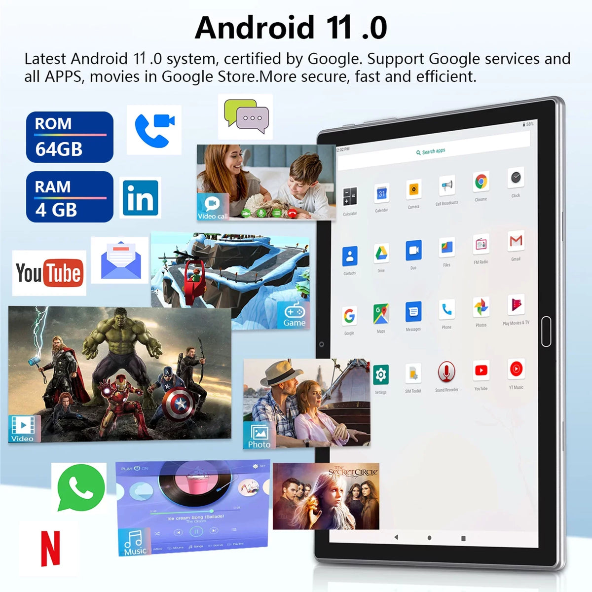 Android 11,Tablet with Keyboard,10 inch 2 in 1 Tablets,64GB ROM(up to 128GB Expand ),6000mAh Battery,Latest 1.6GHz Octa-Core 4G Cellular Tablet PC,Dual Camera,Wi-Fi,Bluetooth,GPS,Black