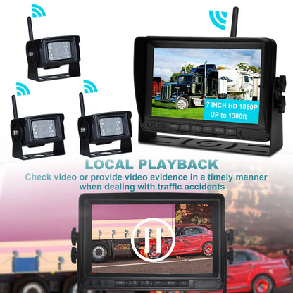 7" Display AHD 1080P Wireless 3CH Rear View Backup Camera Kit Truck Trailer