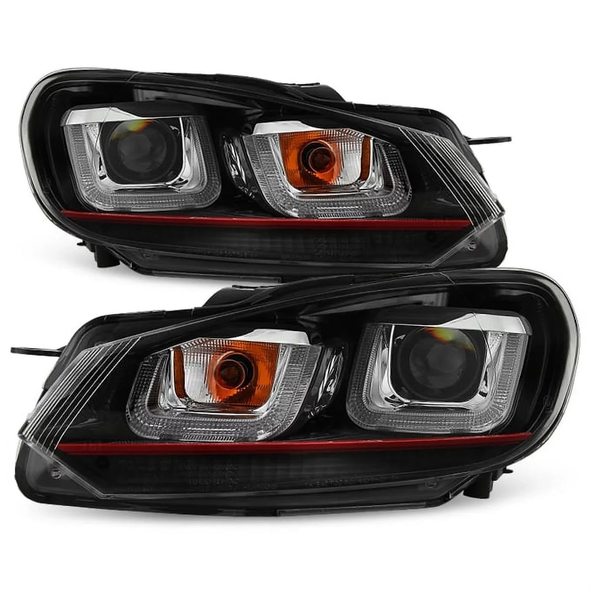 AKKON - For 10-14 VW GOLF GTI [Red Stripe Dual U-Halo] LED Tube Black Bazel Projector Headlight Pair