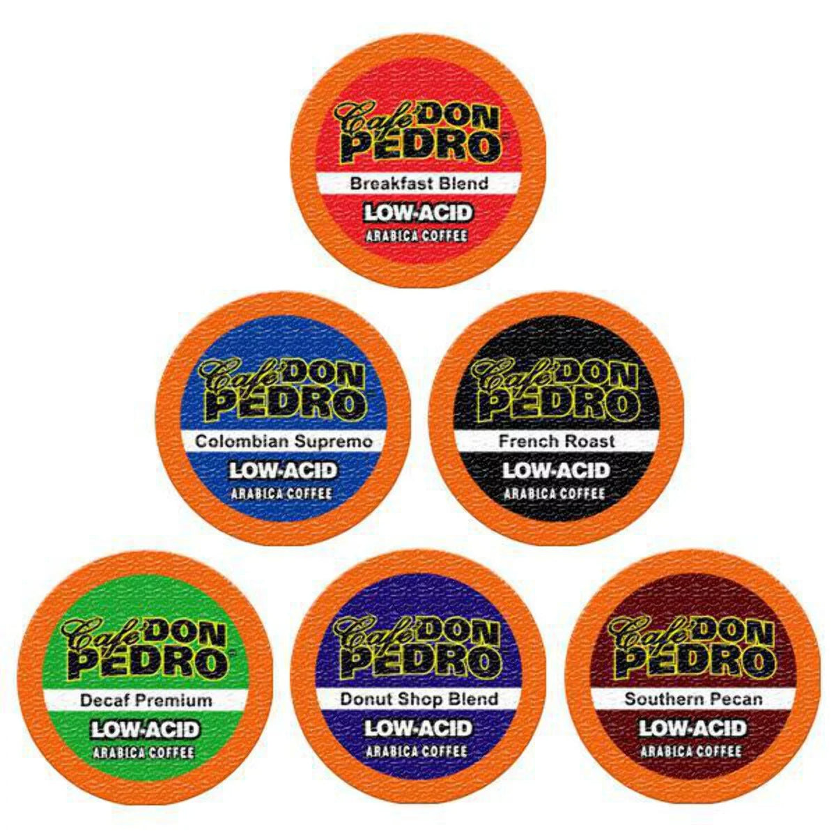 Cafe Don Pedro Assortment Pack Arabica Low-Acid Coffee Pods 72 Ct. - With Keurig K-cup Coffee Maker - Try 6 Different Coffees 12 Cups of Each - 100% Arabica