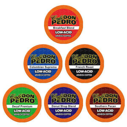 Cafe Don Pedro Assortment Pack Arabica Low-Acid Coffee Pods 72 Ct. - With Keurig K-cup Coffee Maker - Try 6 Different Coffees 12 Cups of Each - 100% Arabica