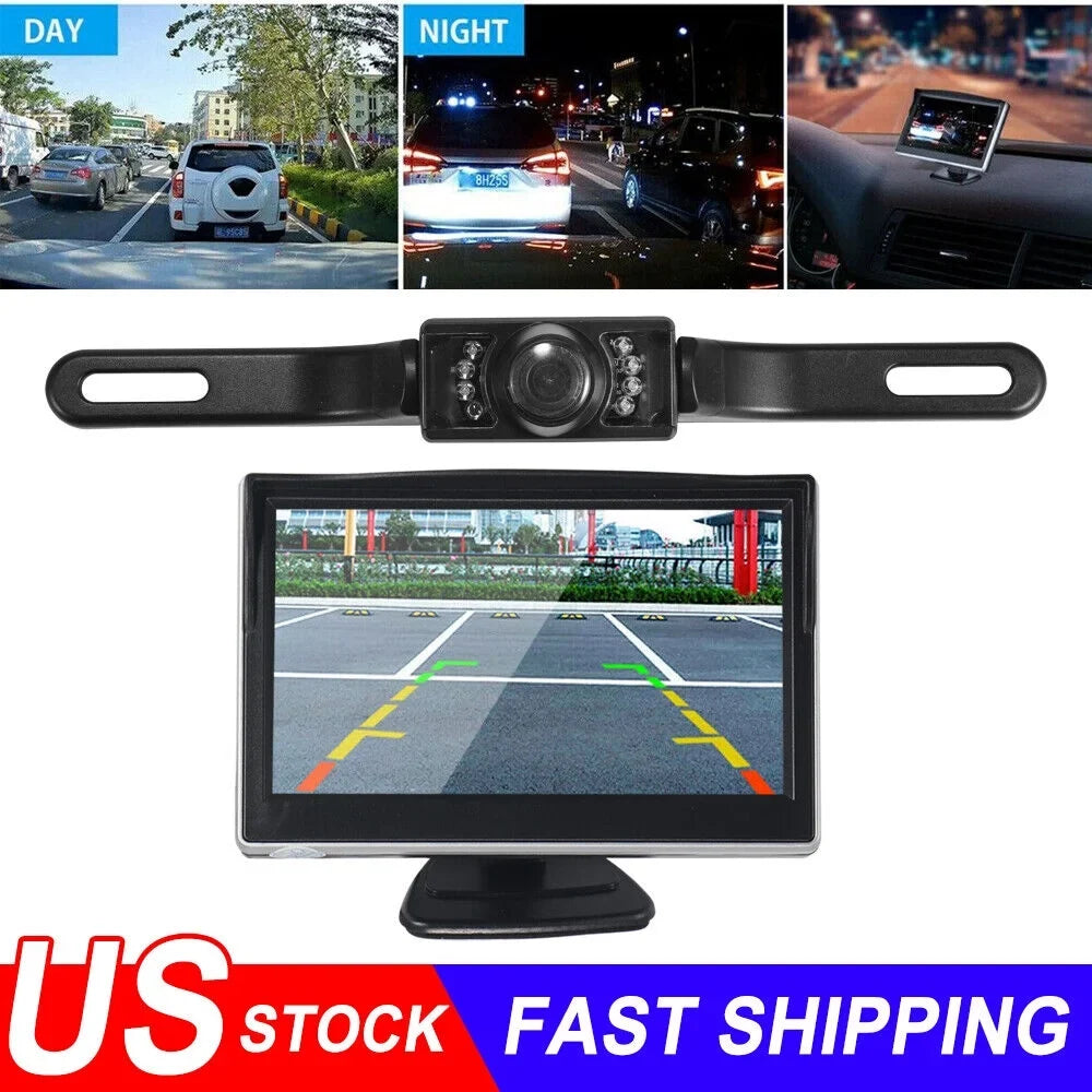 KingFurt Car Night Vision Backup Camera Kit 5" Wireless Monitor HD Rear View Waterproof