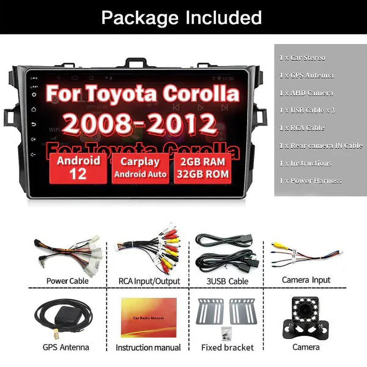 Binize Car Stereo Toyota Corolla 08-12 Android 12 with CarPlay&Android Auto,9 Inch Touch Screen Double Din Car Radio Support Bluetooth, GPS Navigation, FM&AM, Backup Camera