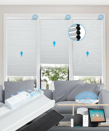 Solar Powered Magnetic Rechargeable Motorized Blinds 100% Blackout with Alexa Google【Free Solar Panel】 Cellular Shades Honeycomb with Remote, Cordless Automatic Electric Blinds, 29" Wx64 H, White