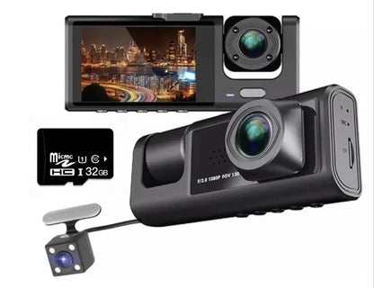 3 Channel Dash cam, 2-inch Screen Driving Recorder, High-Definition 1080P, Night Vision, Loop recording, Motion Detection, G-Sensor +32 GB SD Card