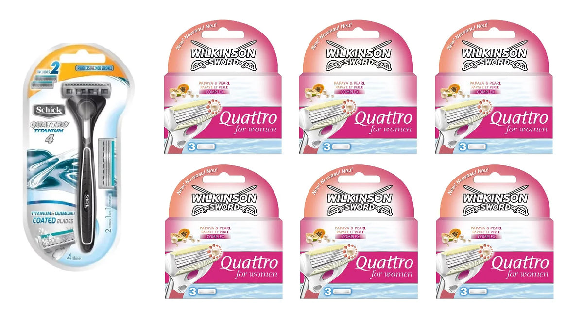 Schick Quattro Titanium 1 Razor with 2 Refill Blades and Wilkinson Quattro Women Refill Blades, 18 count