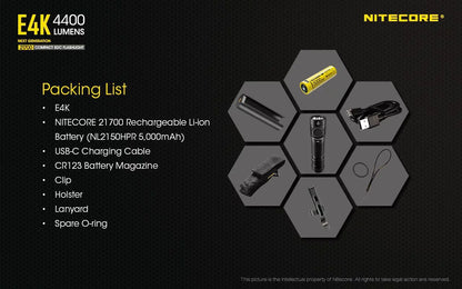 Combo: NITECORE E4K Next generation Flashlight - 4400 Lumens w/NL2150HPi and NL2150HPR Batteries +UMS2 Intelligent Charger and Eco-Sensa USB Cord