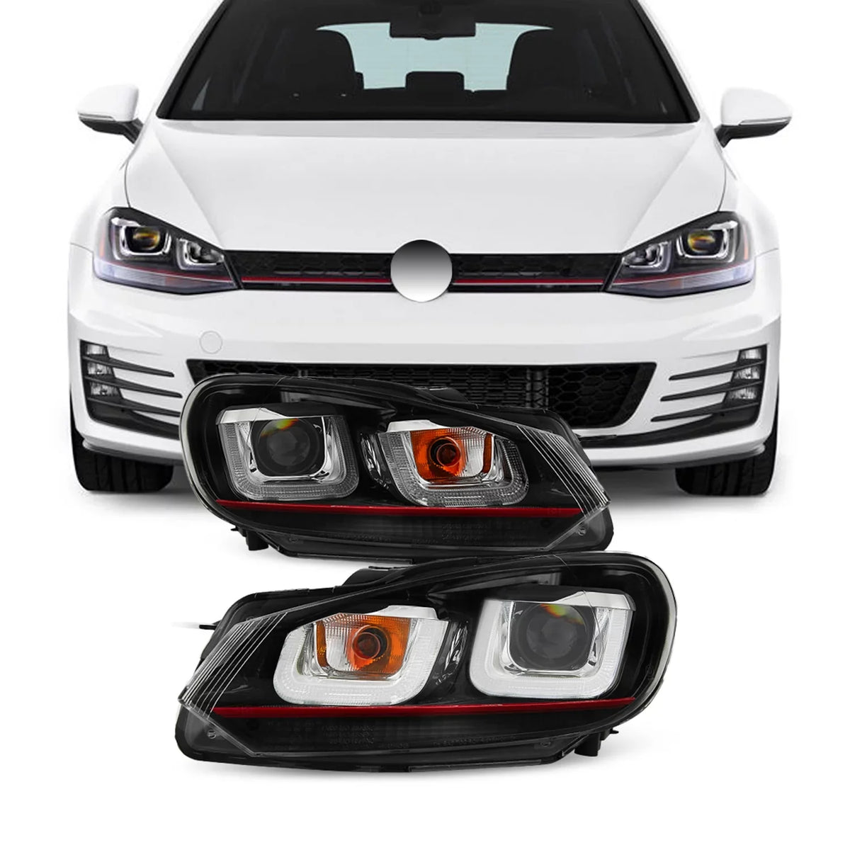 AKKON - For 10-14 VW GOLF GTI [Red Stripe Dual U-Halo] LED Tube Black Bazel Projector Headlight Pair