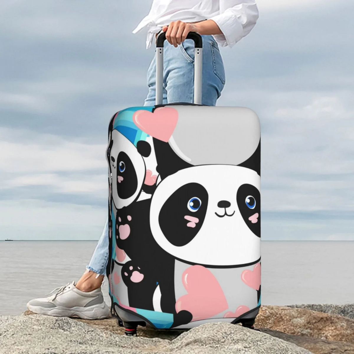 Haiem Panda Cute Pink Hearts Luggage Coating Washable Suitcase Protector With Anti-Scratch Technology - Keep Your Luggage Looking New Medium