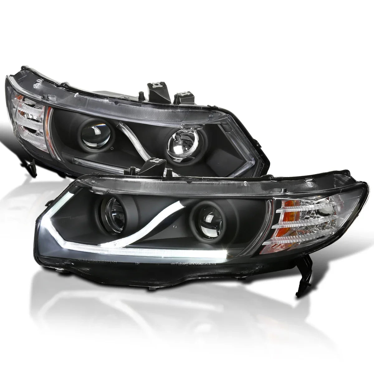 Spec-D Tuning Halo Strip LED Projector Headlights Black with 2006-2011 Honda Civic 2-Door Coupe Left + Right Pair Headlamps Assembly