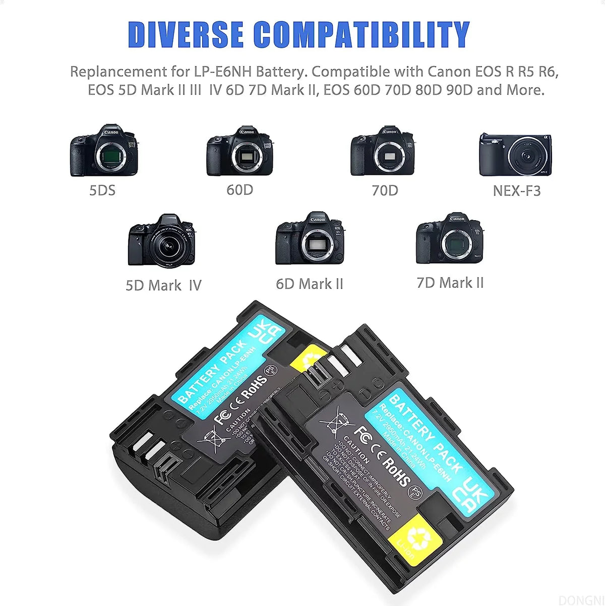 2-Pack LP-E6NH 2950mAh Batteries and Dual Charger Canon EOS R R5 R6 5DS 6D 7D 60D 70D 80D 90D 5D Mark II/III/IV Camera