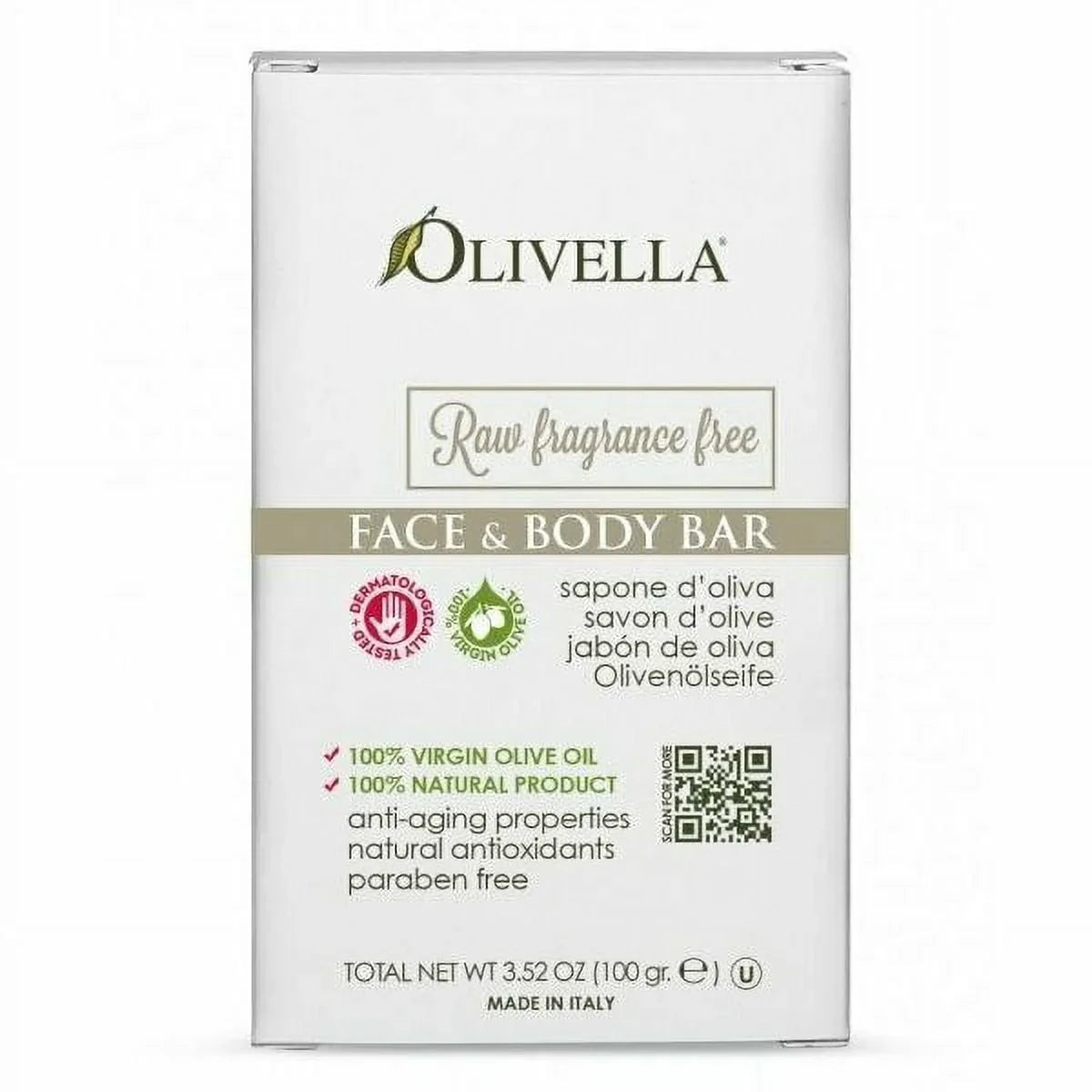 Olivella Face & Body Soap Bar Hypoallergenic Fragrance Free 3.52oz, 12-Pack