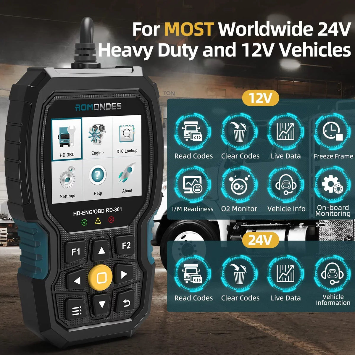 Romondes RD801 Heavy Duty Truck Scanner Diesel OBD Scan Tool EOBD HD OBD OBD2 Scanner Truck & Car 2 in 1 Code Reader Auto Diagnostic Tool Check Engine Cummins, Scania, Man, Hino, Fuso, UD , DAF
