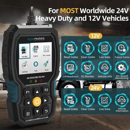 Romondes RD801 Heavy Duty Truck Scanner Diesel OBD Scan Tool EOBD HD OBD OBD2 Scanner Truck & Car 2 in 1 Code Reader Auto Diagnostic Tool Check Engine Cummins, Scania, Man, Hino, Fuso, UD , DAF