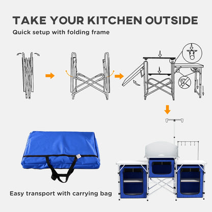 Outsunny Folding Camping Kitchen with Windshield Fabric Cupboards Blue