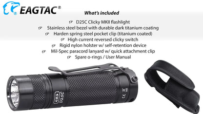 Eagletac D25C MKII Nichia 219C CRI92 LED Flashlight - 510 Lumen, 120 meter throw