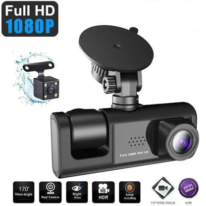 3 Channel Dash cam, 2-inch Screen Driving Recorder, High-Definition 1080P, Night Vision, Loop recording, Motion Detection, G-Sensor +32 GB SD Card